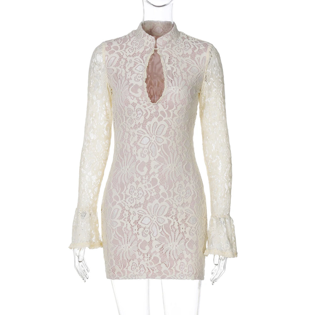 Dulzura Lace Hollow Out Long Flare Sleeves Bodycon Mini Dress Women’S Sexy Elegant Outfit Party Clubwear Winter Clothes