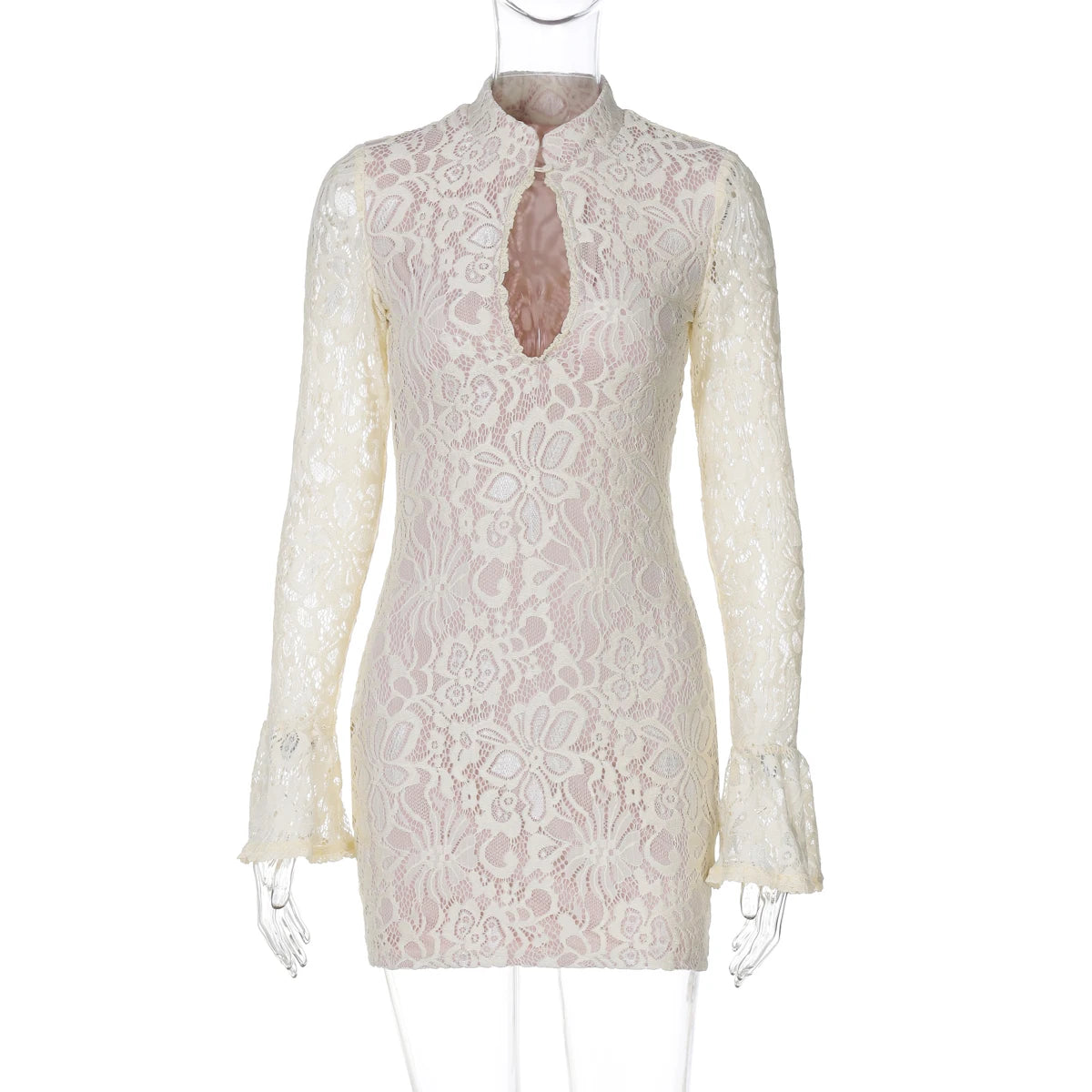 Dulzura Lace Hollow Out Long Flare Sleeves Bodycon Mini Dress Women’S Sexy Elegant Outfit Party Clubwear Winter Clothes