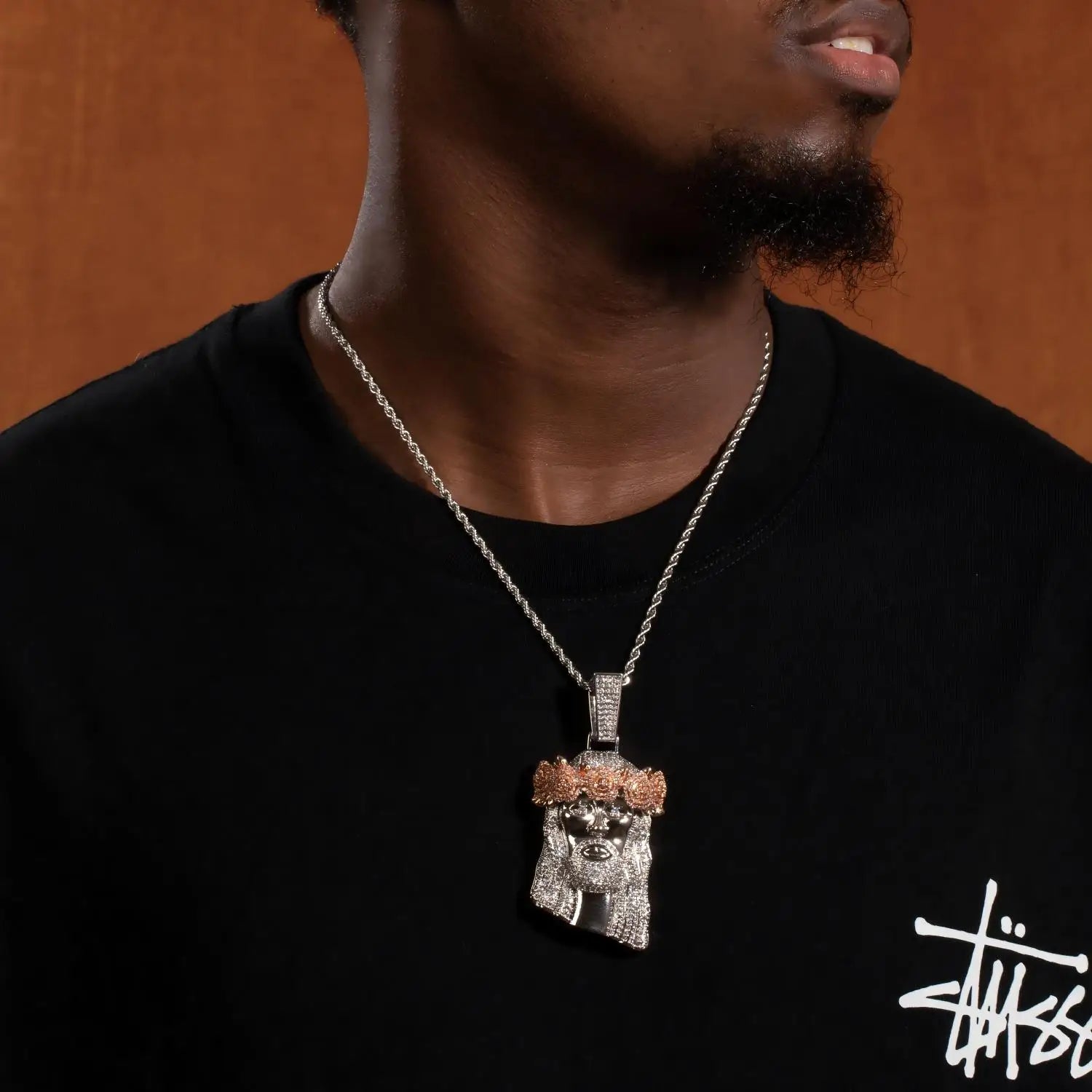 UWIN Iced Out 2 Tone Jesus Pendant Necklaces with Rose Prong Setting 5A+ Cubic Zirconia Charms Fashion Jewelry for Gift