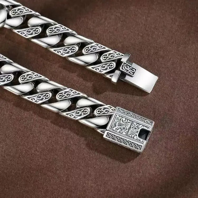 Punk Tang Grass Pattern Cuban Chain Bracelet for Men Thick Retro Punk Style Unisex Jewelry Gift Hip Hop Bracelet