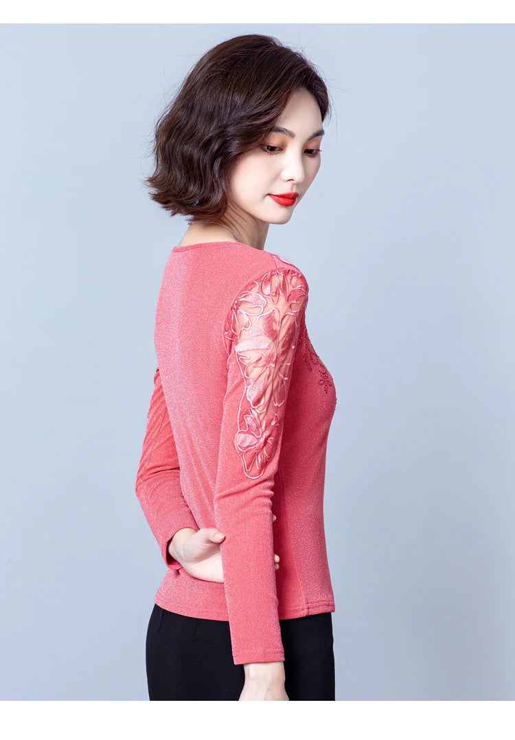 Spring Autumn Long Sleeve Mesh Shirt Round Neck Patchwork Women Lace Tops Korean Fashion Diamond T Shirt