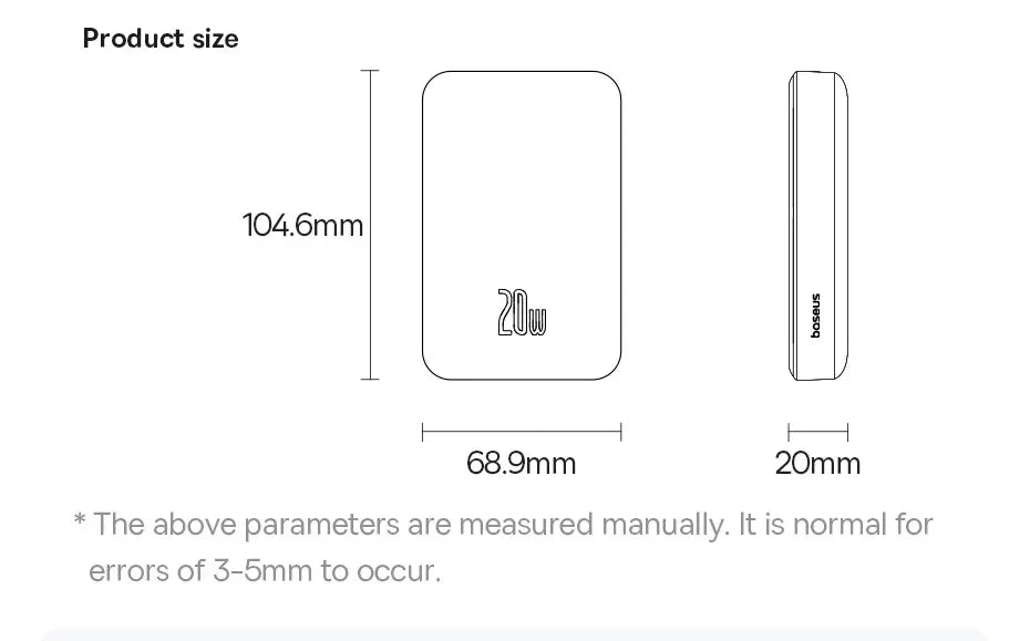 20W portable power bank size diagram, 104.6mm by 68.9mm by 20mm, slim design