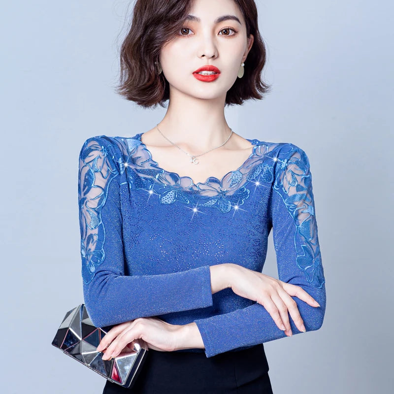 Spring Autumn Long Sleeve Mesh Shirt Round Neck Patchwork Women Lace Tops Korean Fashion Diamond T Shirt