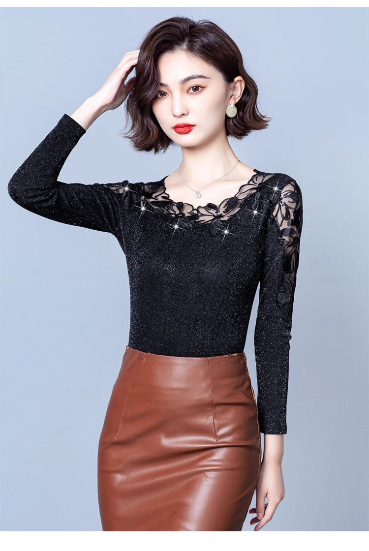 Spring Autumn Long Sleeve Mesh Shirt Round Neck Patchwork Women Lace Tops Korean Fashion Diamond T Shirt
