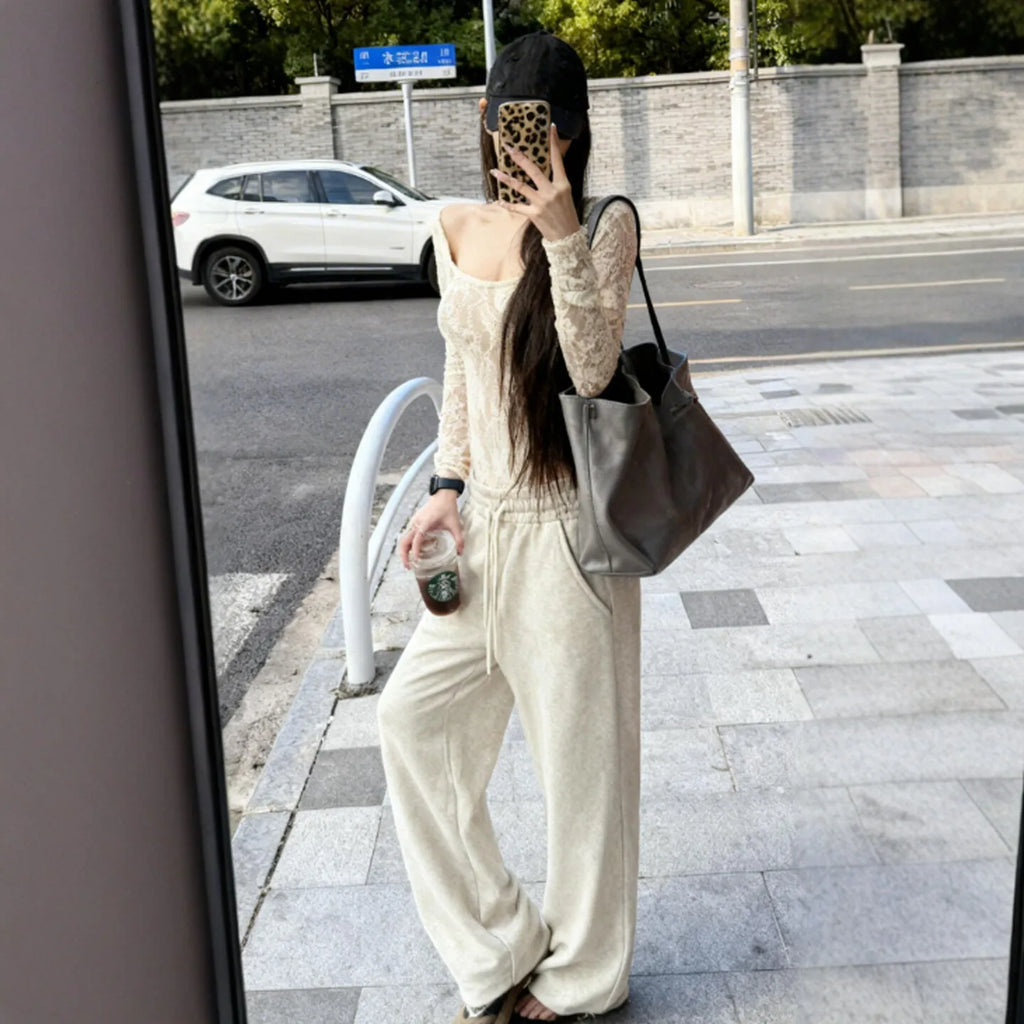 Sexy Lace Jumpsuit Casual Pants Two-Piece Set Ele Clete OOTD Spring 2026 Comfortable High Waist V-Ne Long Sve T-S...
