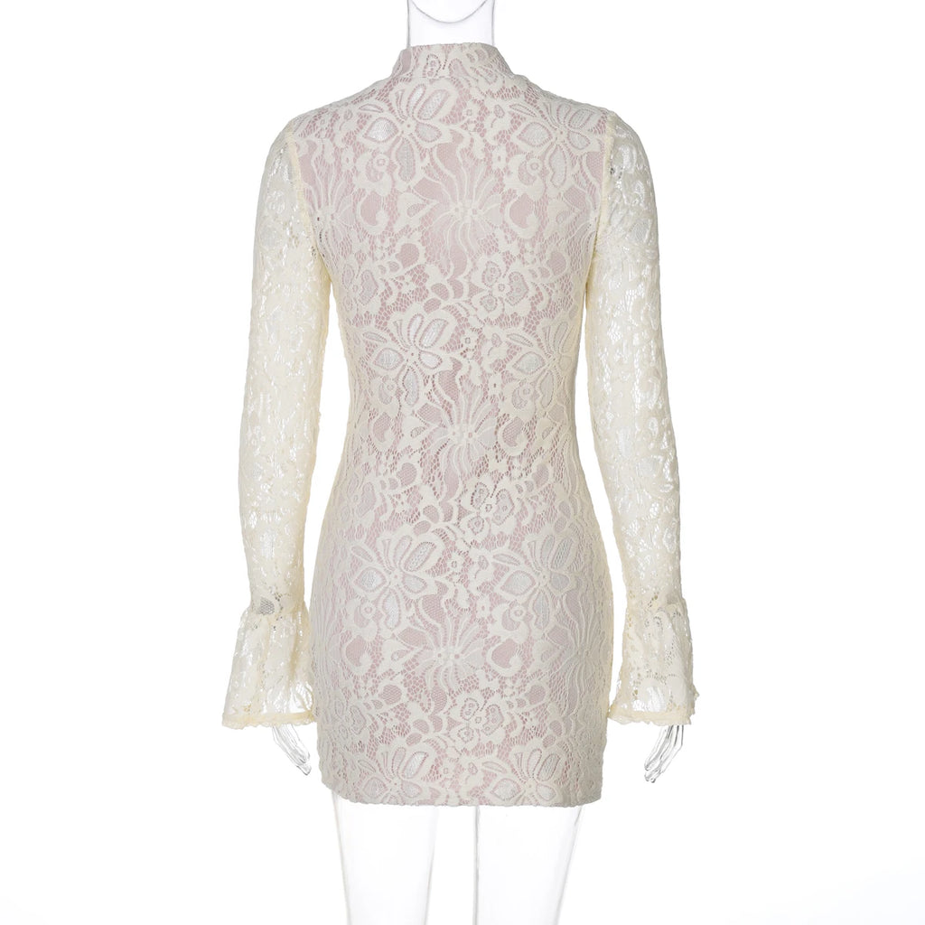 Dulzura Lace Hollow Out Long Flare Sleeves Bodycon Mini Dress Women’S Sexy Elegant Outfit Party Clubwear Winter Clothes