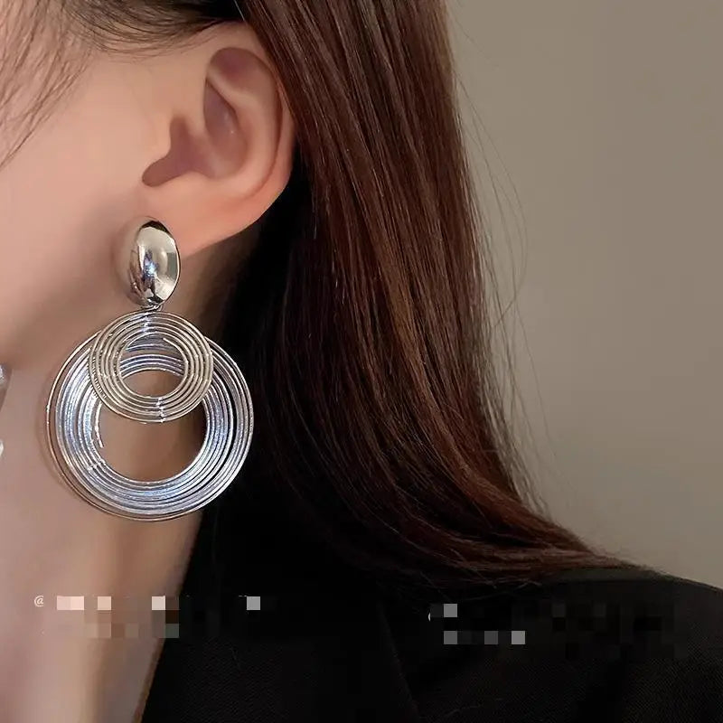 Two-layers Circles Women's Hanging Earrings Gold Color Silver Color Metal Spiral Pendants Dangle Earrings For Female European