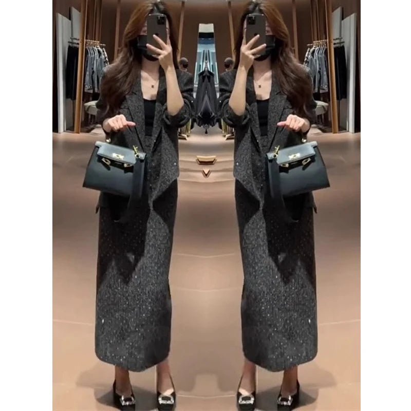 Spring Faion Diamond Embedded Suit Women's Sli f-length Skirt Quali Small Fraance Sle Two-piece Set