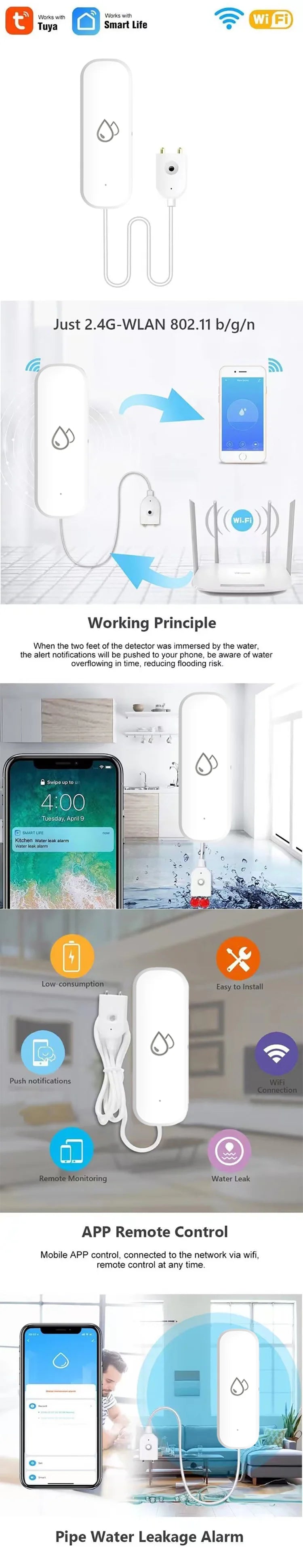 WiFi/Zigbee Water Leak Sensor Tuya Smart Life APP Flood Leak Detector Water Alert Overflow Alarm Home Security System Leakage