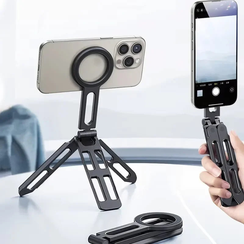 Portable Foldable Double Sided Magnetic Cell Phone Holder Smartphone Tripod Mobile Desktop Bracket for Selfies Live Broadcasts