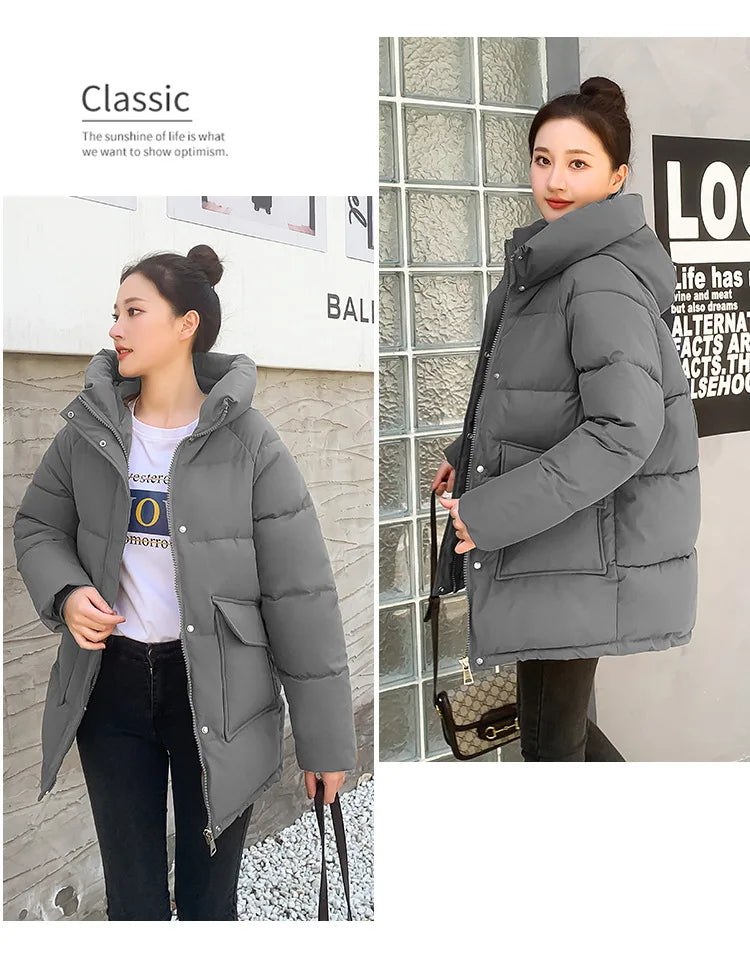 Clothing Women Cotton-Padded Jacket 2025 New Casual Elegant Loose Solid Color Warm Hooded Winter Warm Women Cotton Jacket H537