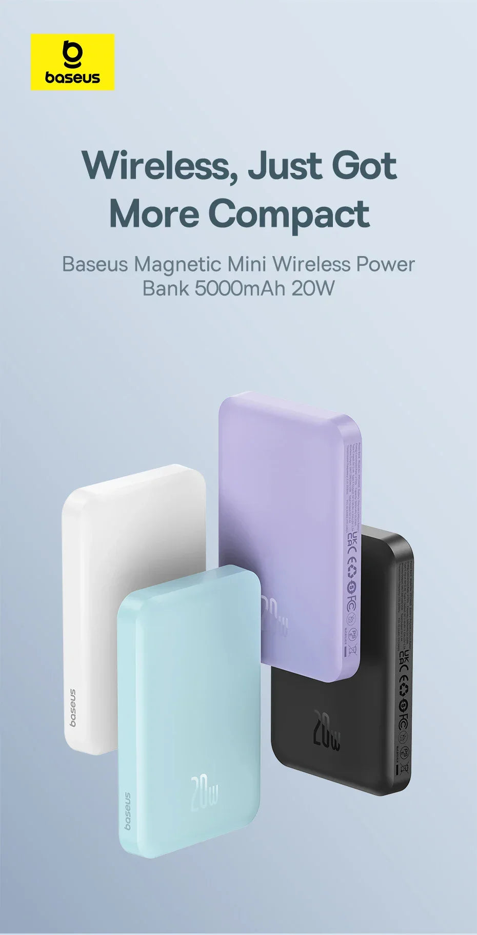 Baseus mini magnetic wireless power banks in purple, black, white, and blue, 5000mAh 20W
