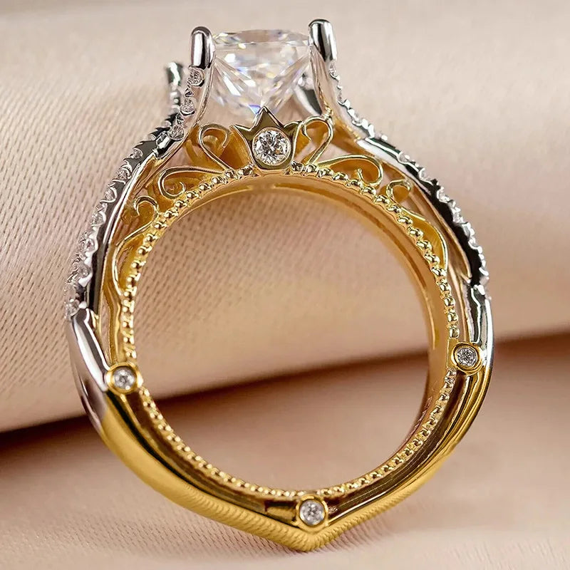 925 Sterling Silve Modern Fashion Princess CZ Two Tone Rings Luxury Bridal Wedding Unique Design Statement Jewelry for Women