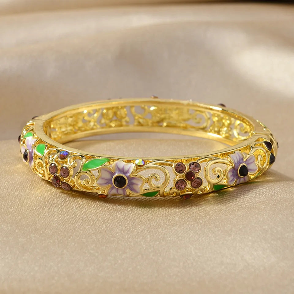 Ethnic Luxury Gold Color Hollowed-out Jingtai Blue Enamel Dripping Glaze Lucky Four-Leaf Clover Zircon Bangles for Women Jewelry
