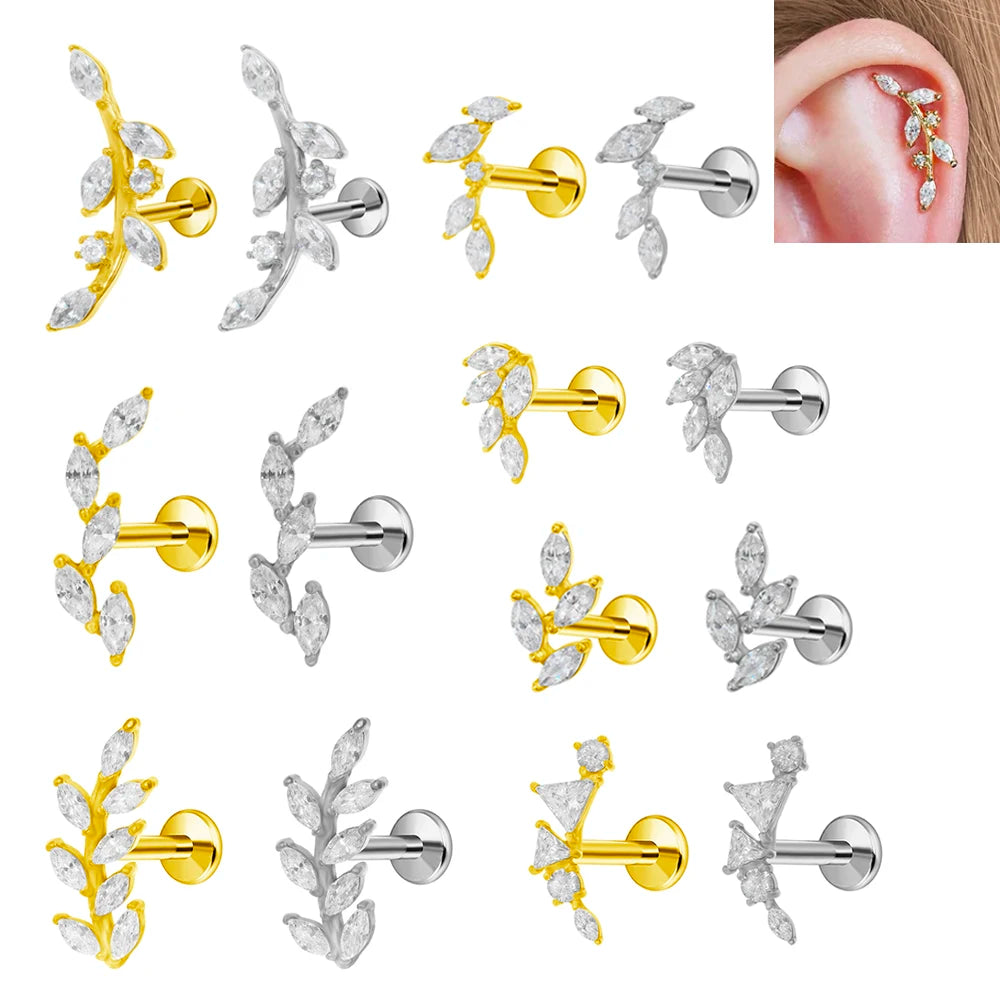 Leaf Helix Piercing Jewelry Forward Helix CZ Earring 100% 316L Stainlesss Steel Internally Threaded Tragus Stud