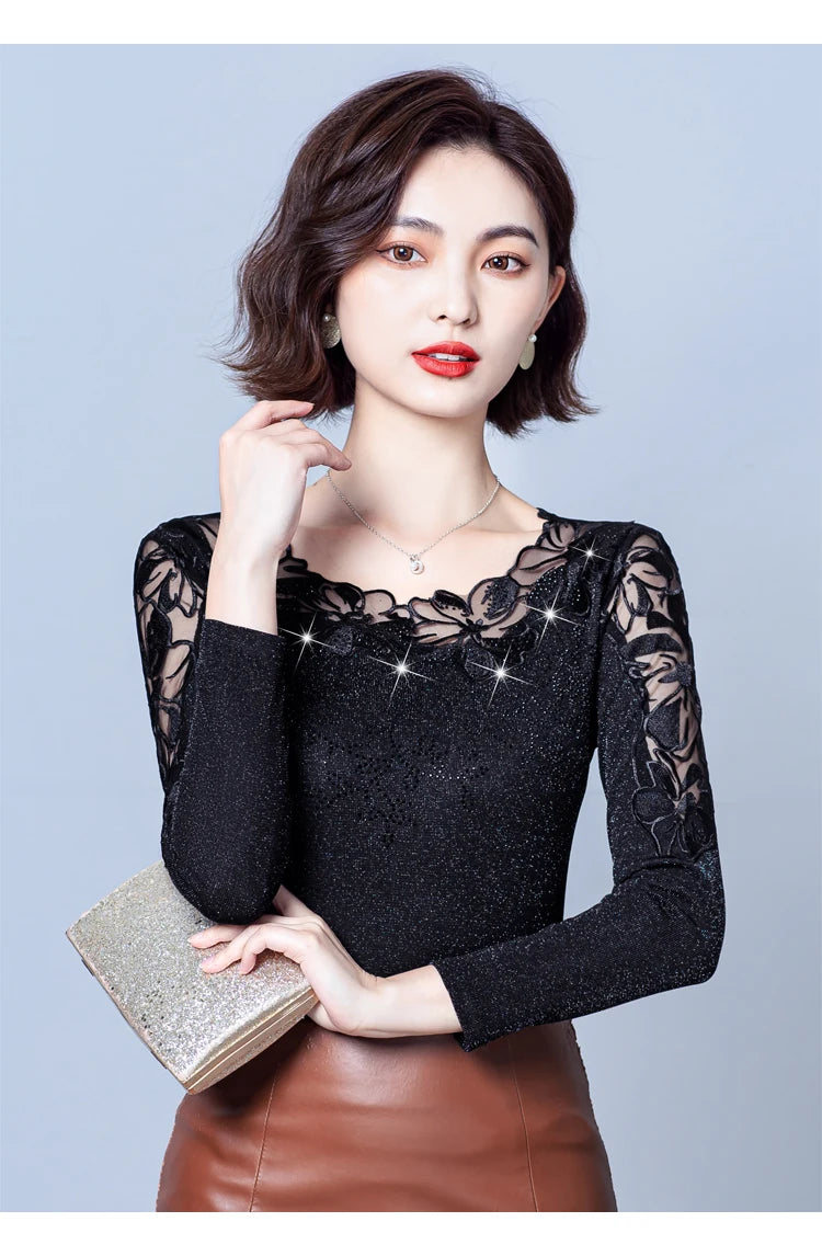Spring Autumn Long Sleeve Mesh Shirt Round Neck Patchwork Women Lace Tops Korean Fashion Diamond T Shirt