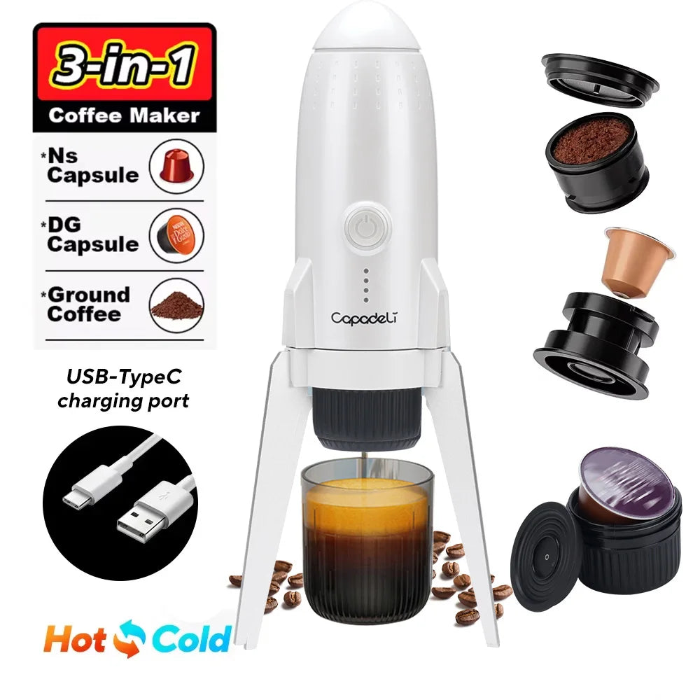 Portable Electric Espresso Machine Travel Coffee Maker for Camping 3 in 1 Self-Heating for Ground Coffee & DG NS Capsule Pods