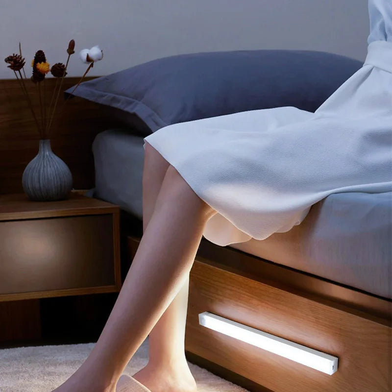 Motion Sensor Wireless LED Night Light USB Rechargeable Long Strip Bar Lamp for Kitchen Cabinet Wardrobe Bedside Staircase Tube
