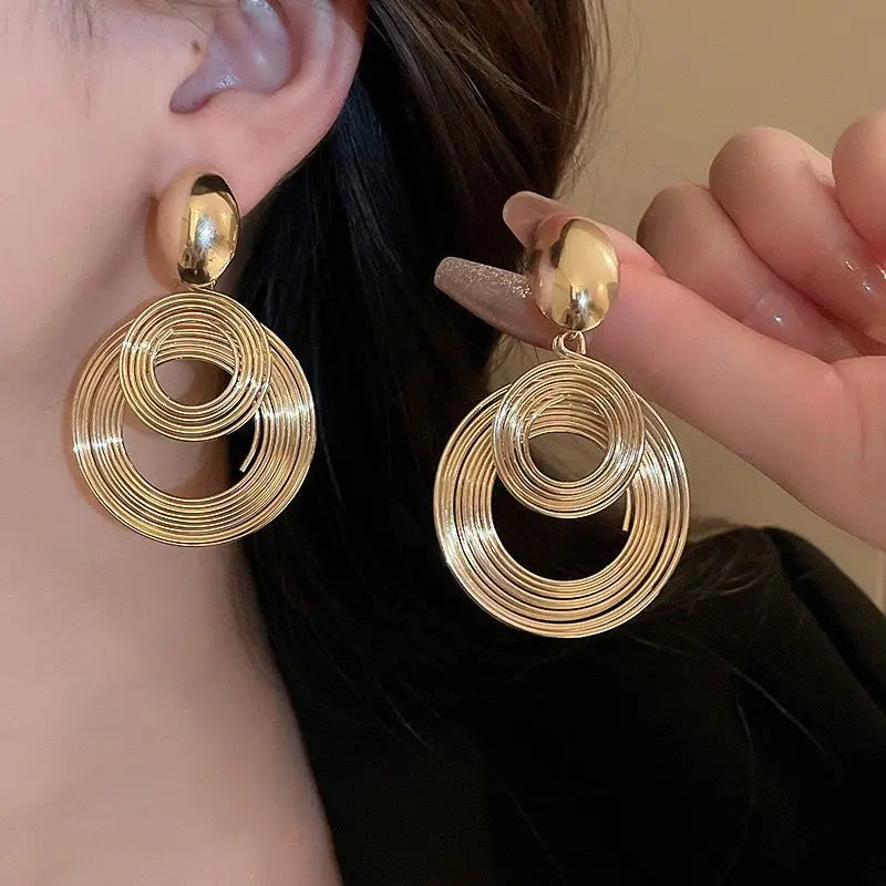 Two-layers Circles Women's Hanging Earrings Gold Color Silver Color Metal Spiral Pendants Dangle Earrings For Female European