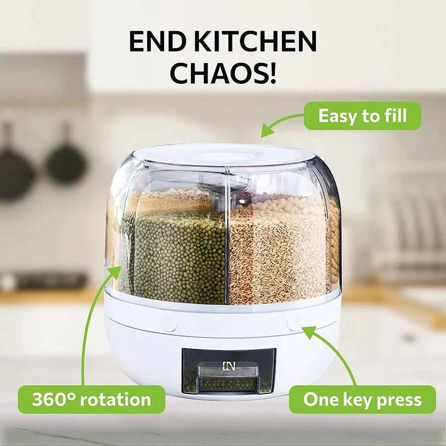 360° Rotating 6-Grid Food Dispenser - Airtight Kitchen Storage Container for Grains, Cereal & Dry Goods