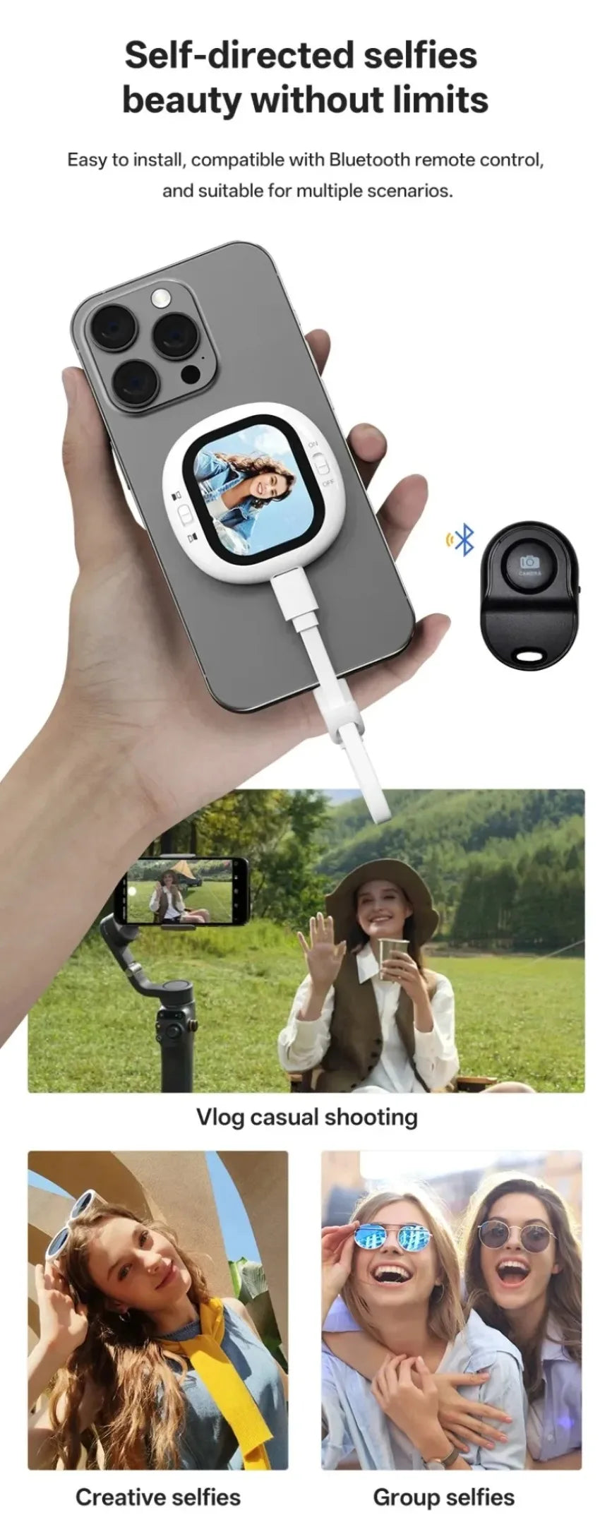 Mini Wireless Selfie Monitor Screen Magnetic 4K Bluetooth Selfie Monitor Screen with Vlog Live Stream /Selfie for iPhone/Android