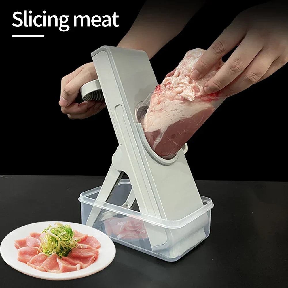 Manual meat slicer cutting raw meat with a plate of sliced meat and garnish nearby
