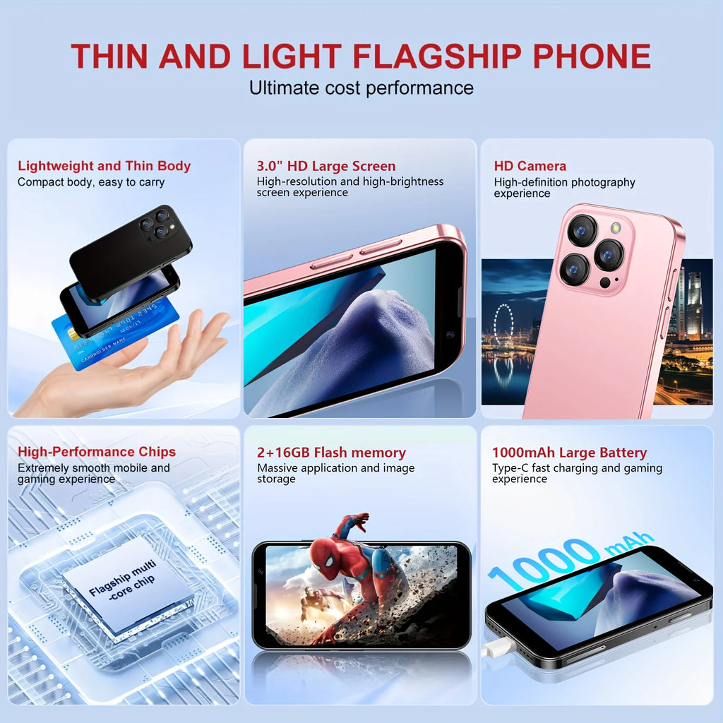 Mini smartphone is equipped with a 3.0-inch screen, compatible with the Android system, and offers 2GB of RAM and 16GB of ROM