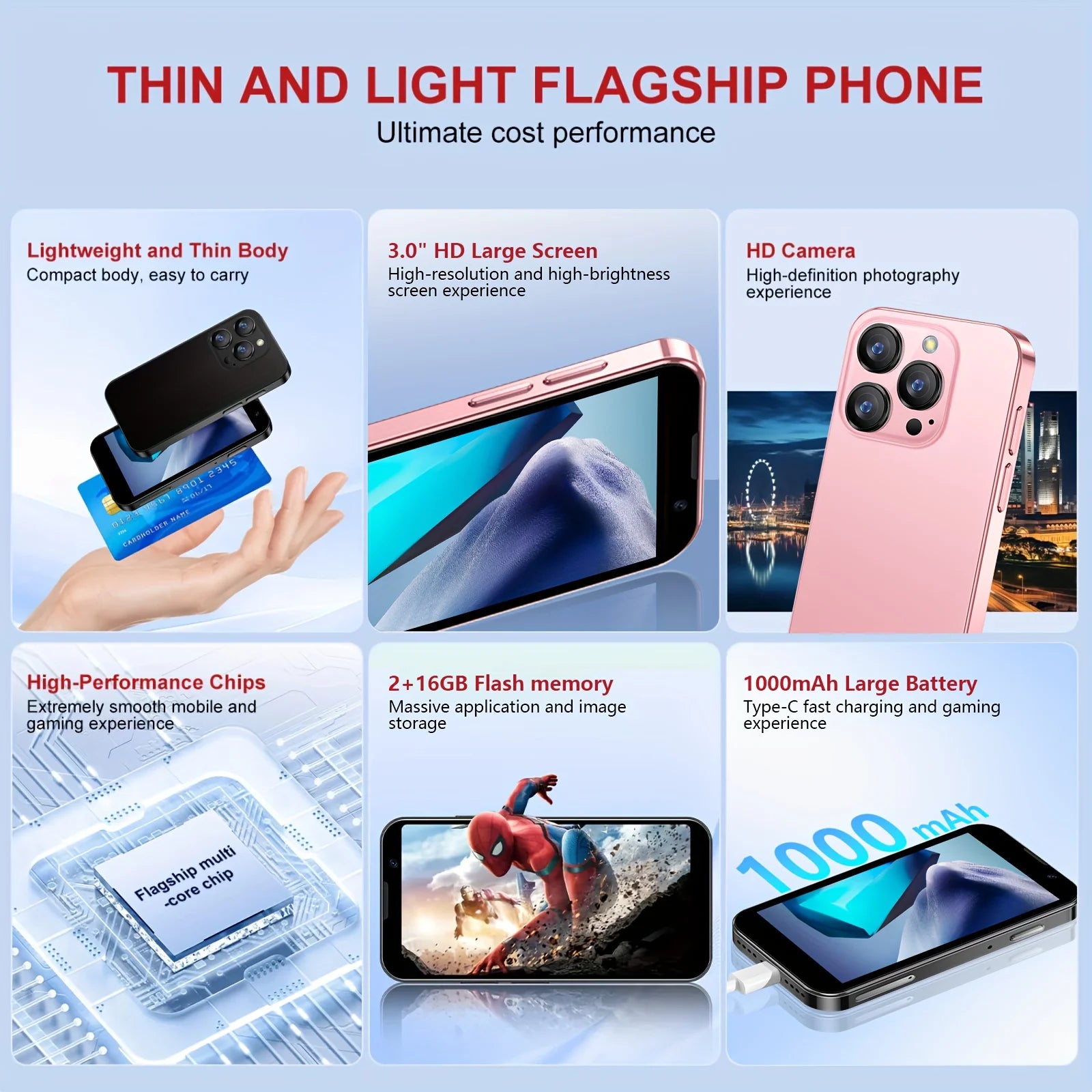 Mini smartphone is equipped with a 3.0-inch screen, compatible with the Android system, and offers 2GB of RAM and 16GB of ROM