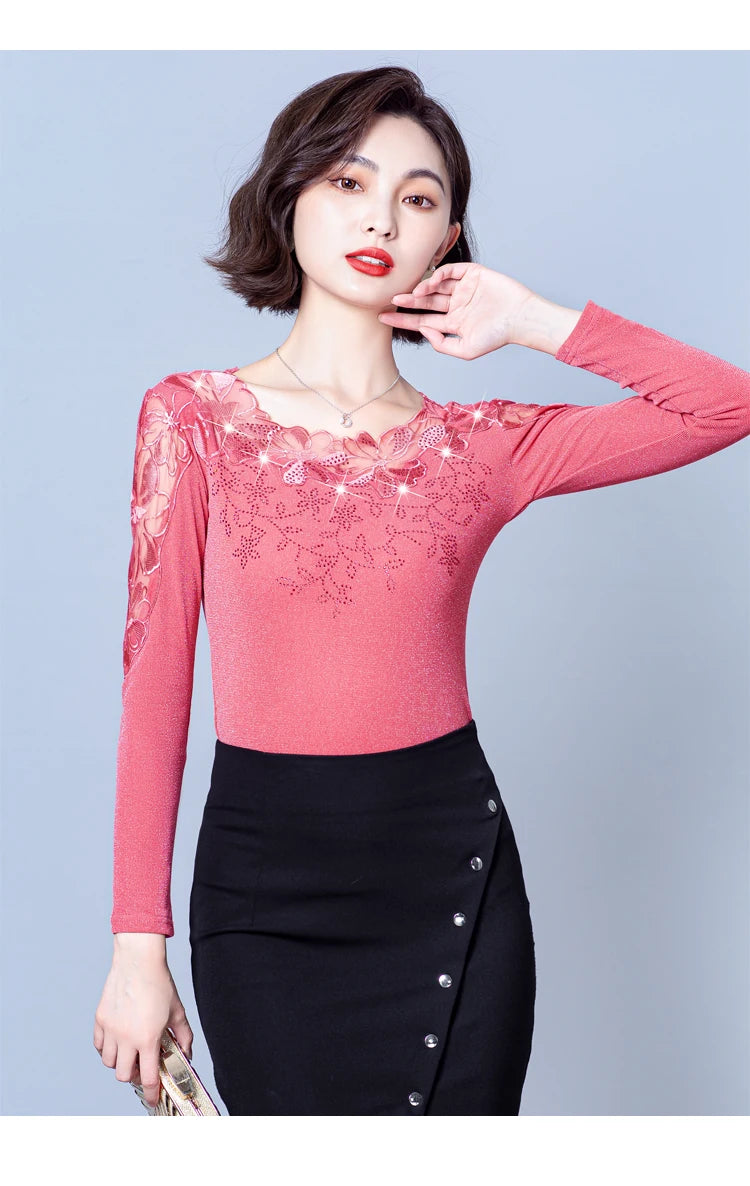 Spring Autumn Long Sleeve Mesh Shirt Round Neck Patchwork Women Lace Tops Korean Fashion Diamond T Shirt
