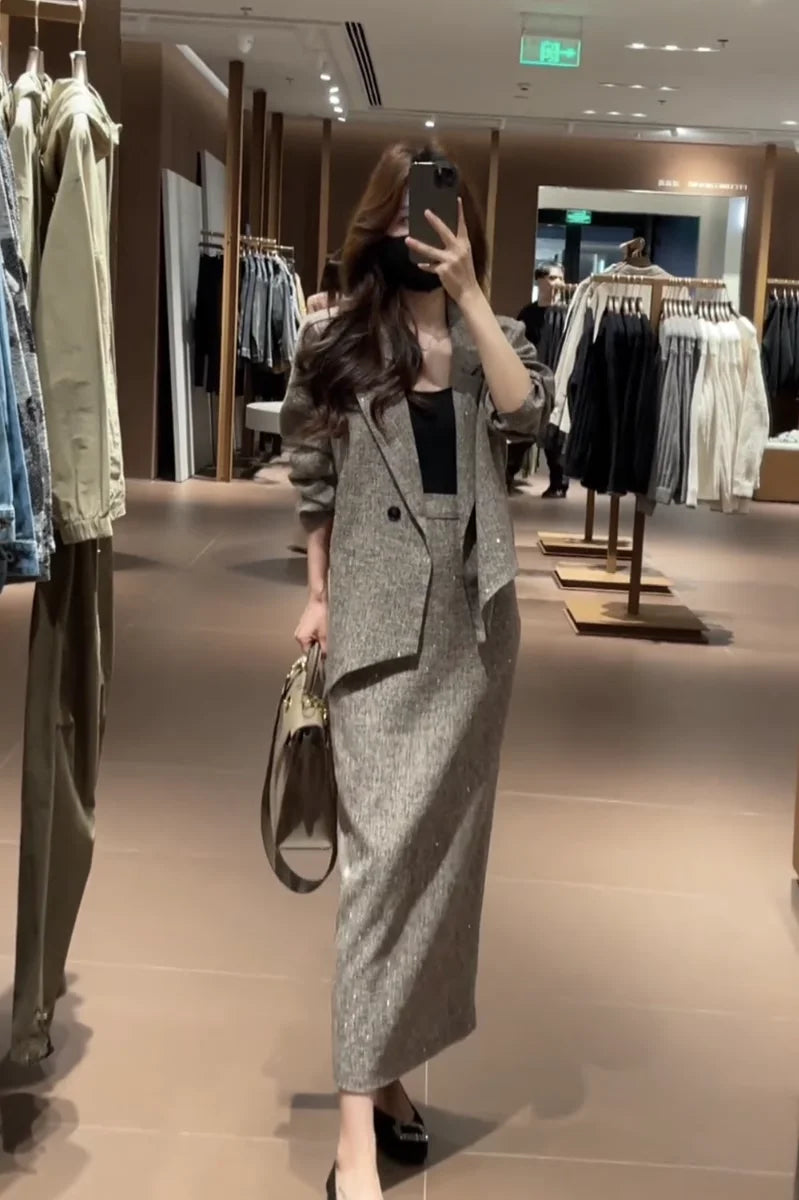 Spring Faion Diamond Embedded Suit Women's Sli f-length Skirt Quali Small Fraance Sle Two-piece Set