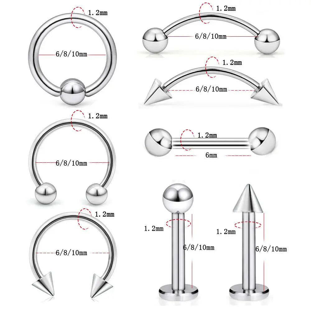 8pcs/lot Steel Ear Piercings Helix Piercings Eyebrow Piercings Lip Labret Rings Earring Tragus Barbell Piercings Body Jewelry