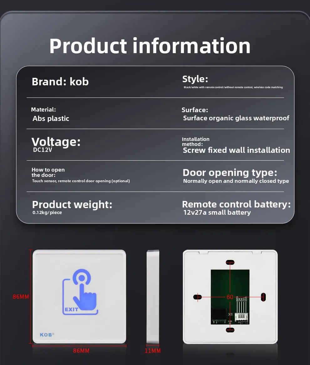 KOB access control switch exit button glass panel touch sensor infrared induction automatic door wireless switch