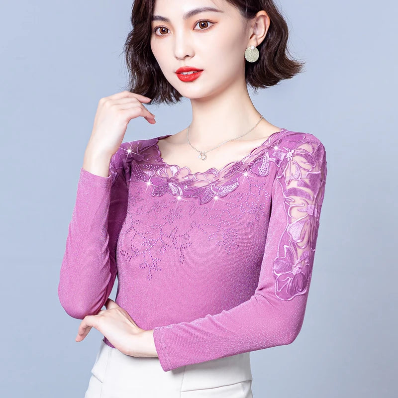 Spring Autumn Long Sleeve Mesh Shirt Round Neck Patchwork Women Lace Tops Korean Fashion Diamond T Shirt