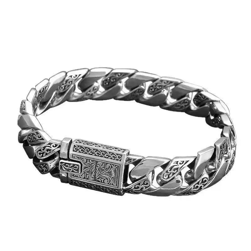 Punk Tang Grass Pattern Cuban Chain Bracelet for Men Thick Retro Punk Style Unisex Jewelry Gift Hip Hop Bracelet