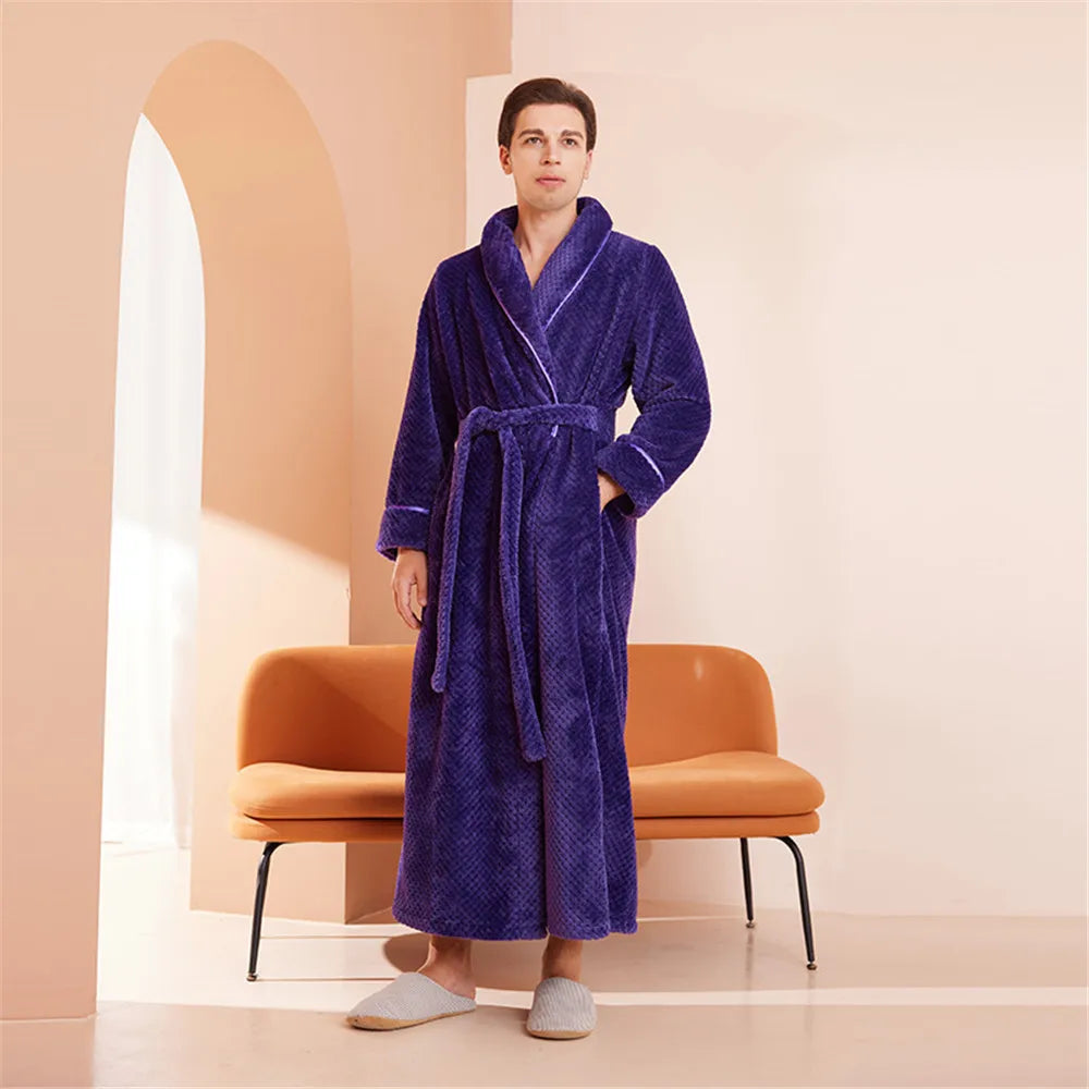 White Thickened Couple's Nightgown Women's Extended Flannel Bathrobe Couple Pajamas Casual Bathrobe Home Clothing