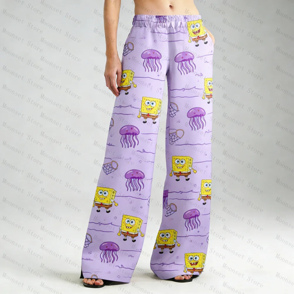 Cute SpongeBob Fashion Loose Milk Silk Women's Pajama Pants With Cartoon Prints For Spring Autumn 2026 Casual Kids Trousers