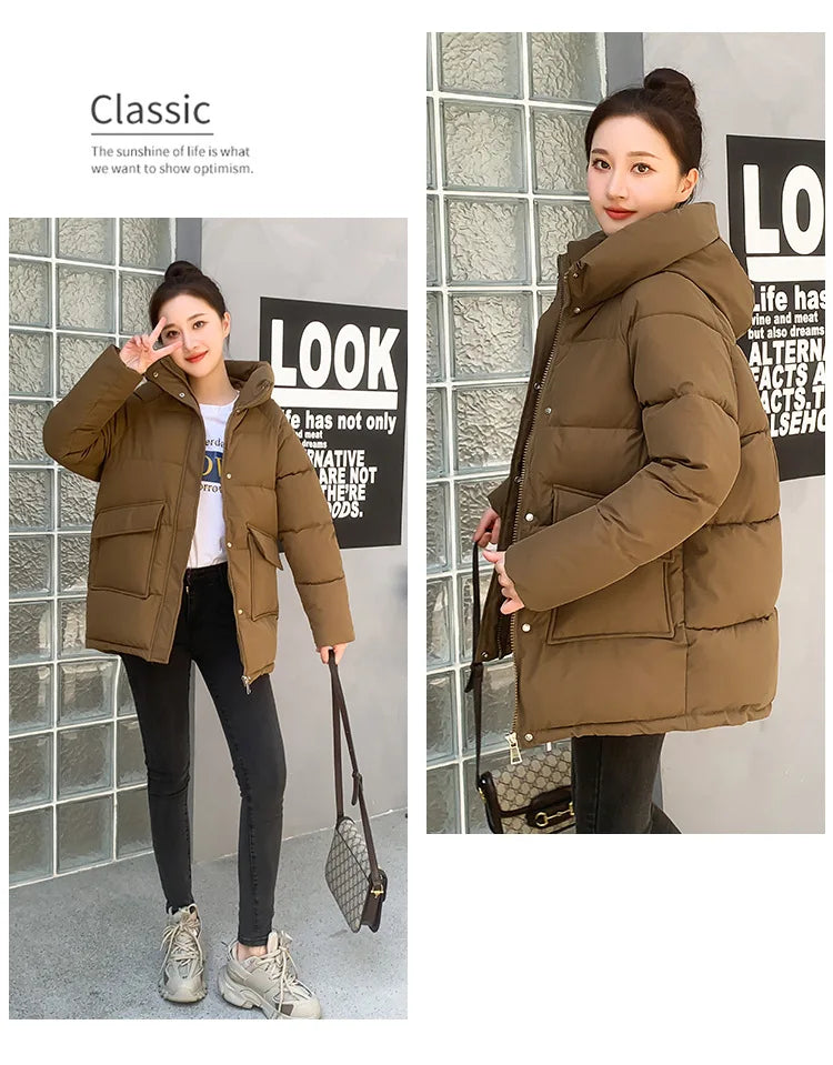 Clothing Women Cotton-Padded Jacket 2025 New Casual Elegant Loose Solid Color Warm Hooded Winter Warm Women Cotton Jacket H537