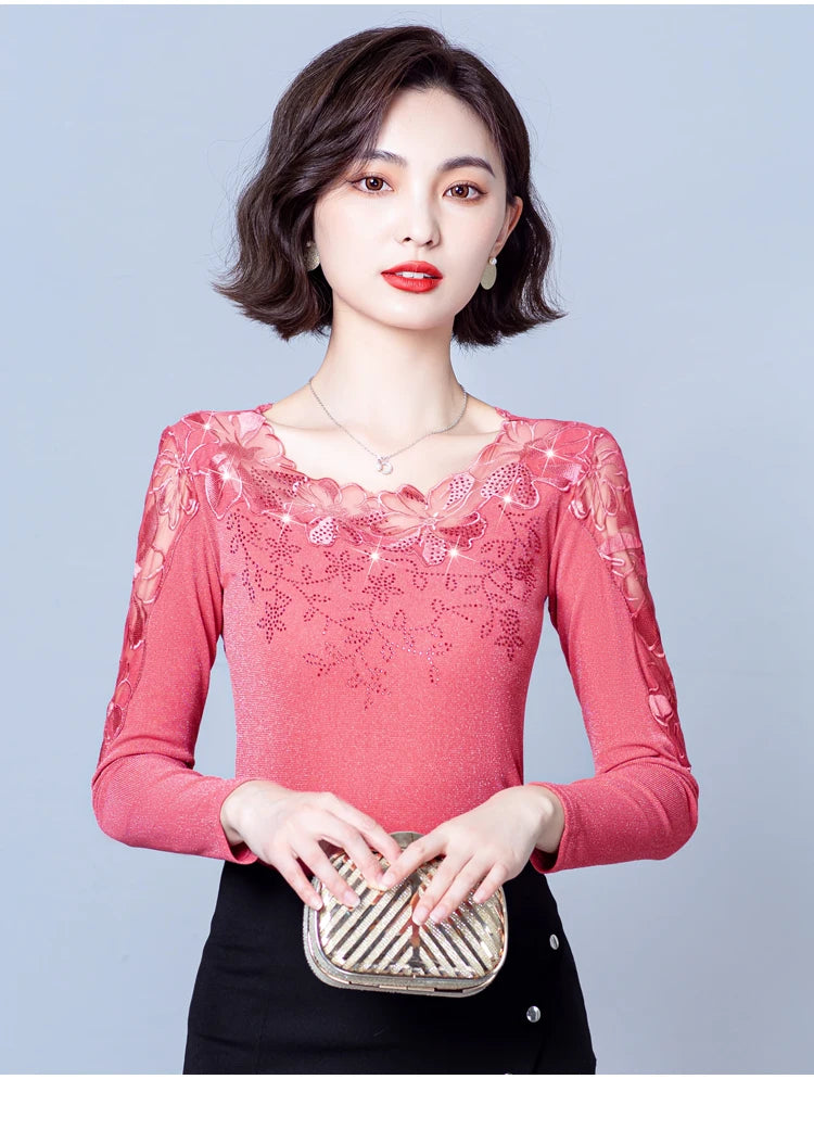 Spring Autumn Long Sleeve Mesh Shirt Round Neck Patchwork Women Lace Tops Korean Fashion Diamond T Shirt