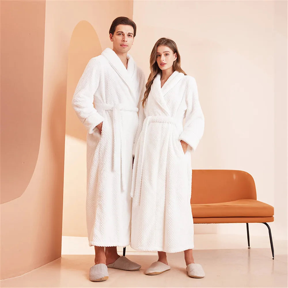 White Thickened Couple's Nightgown Women's Extended Flannel Bathrobe Couple Pajamas Casual Bathrobe Home Clothing
