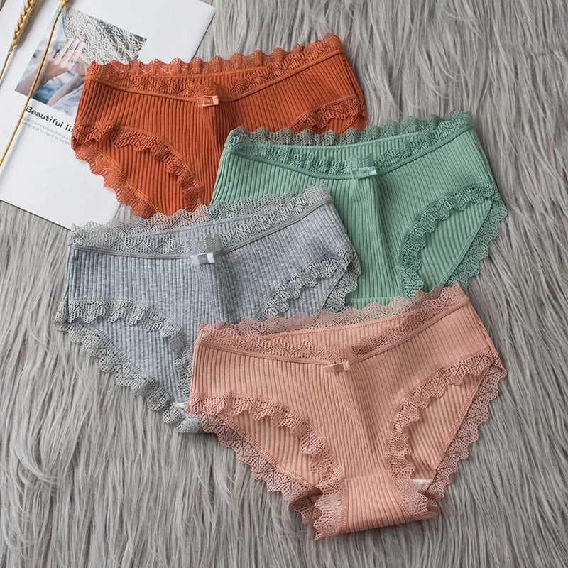 Lingerie Underwear Women Bow New Lace Panties Briefs Low Waist Solid Color Middle-Waisted Underpants Female Lingerie Briefs