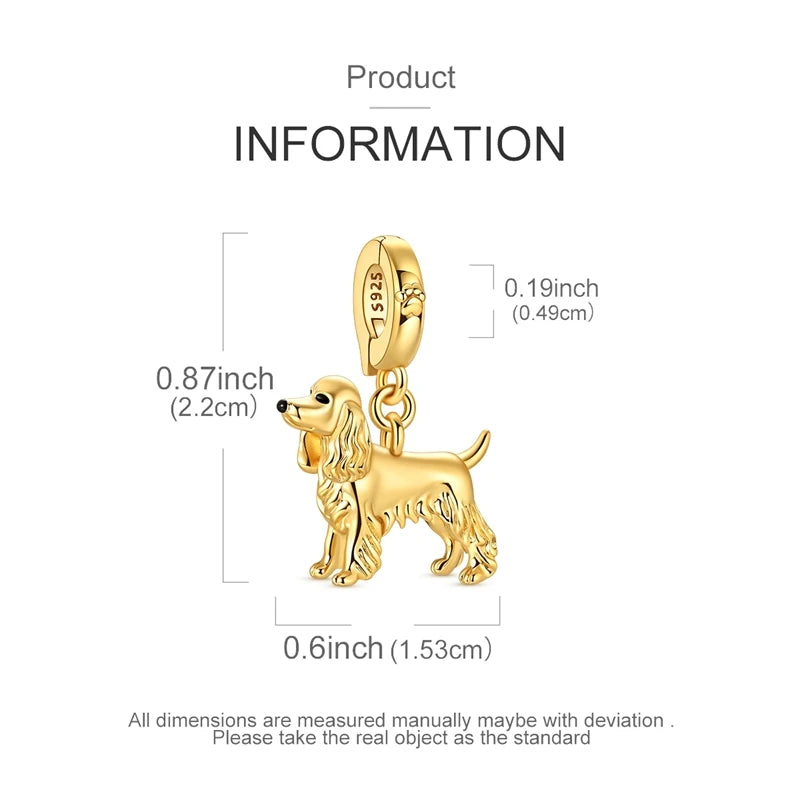 925 Sterling Silver Golden 3D Cocker Spaniel Dog Charm Fit Bracelet 2026 New Year Gifts Fashion Animal Jewelry for Women Girls
