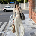 Sexy Lace Jumpsuit Casual Pants Two-Piece Set Ele Clete OOTD Spring 2026 Comfortable High Waist V-Ne Long Sve T-S...