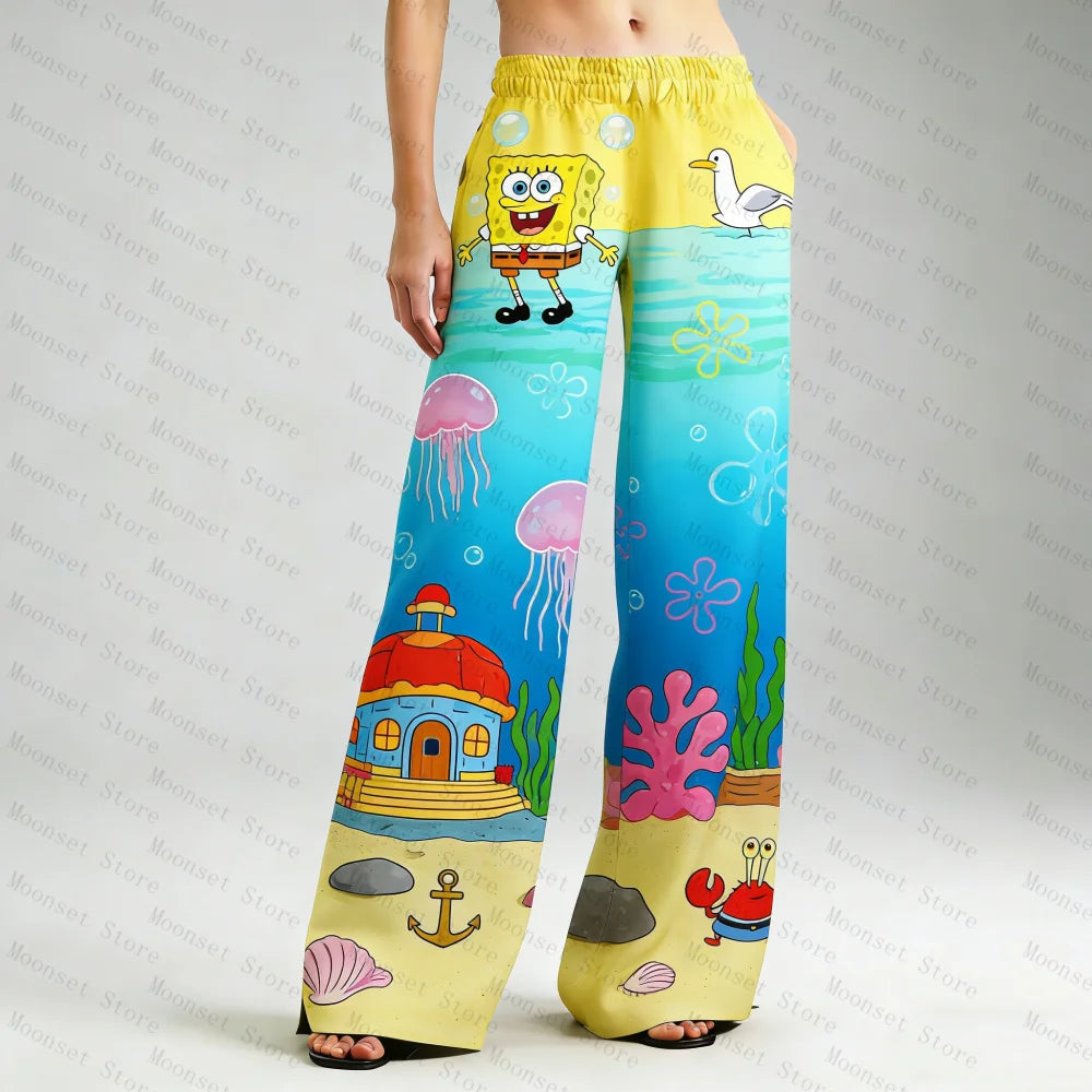Cute SpongeBob Fashion Loose Milk Silk Women's Pajama Pants With Cartoon Prints For Spring Autumn 2026 Casual Kids Trousers