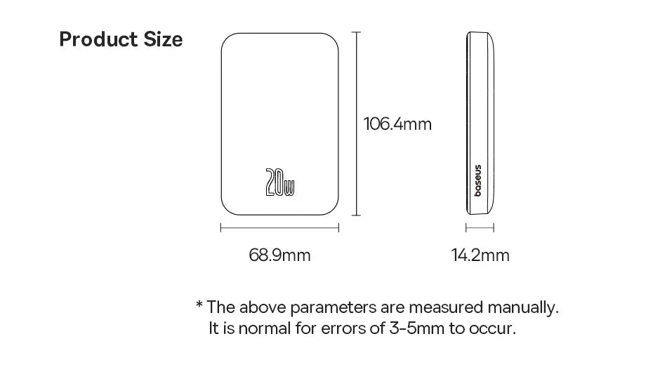 20W portable power bank dimensions diagram, measuring 68.9mm x 106.4mm x 14.2mm