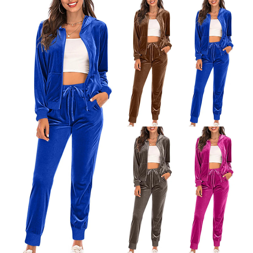 Two Pieces Women Pant Sets Solid Matching Sets Zipper Hooded Top Empire Drawstring Waist Pant Loose Casual 2025 Spring Autumn