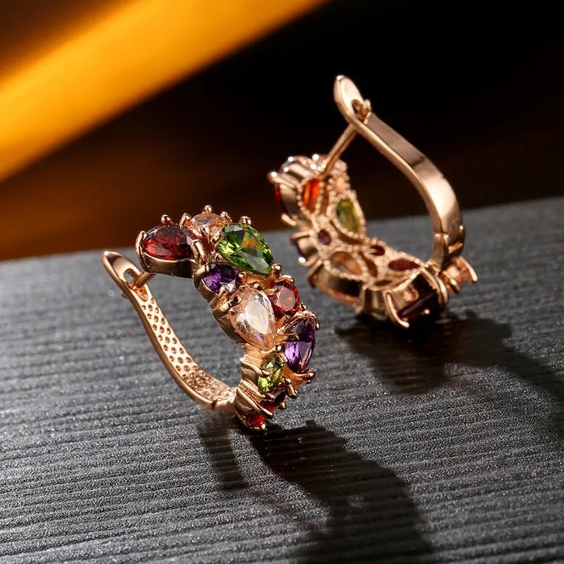 Korean Luxury Rose Gold Color Earrings Flash Zircon Ear Stud Earrings for Women Female Elegant Fashion Party Wedding Jewely Gift