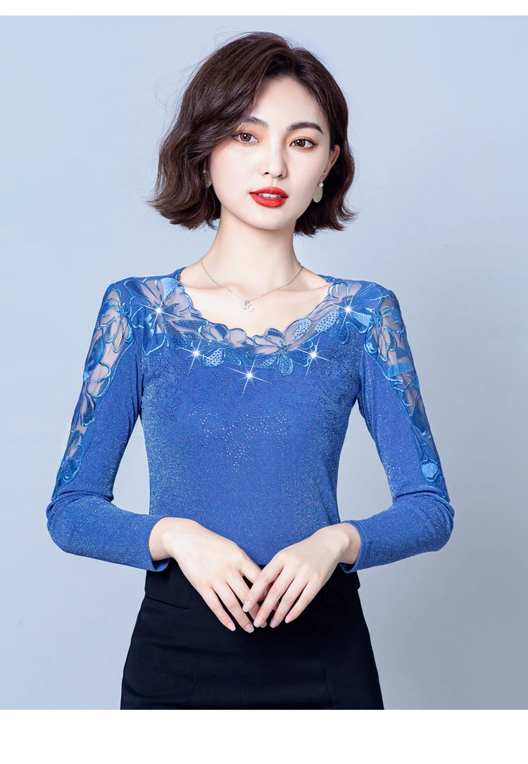 Spring Autumn Long Sleeve Mesh Shirt Round Neck Patchwork Women Lace Tops Korean Fashion Diamond T Shirt