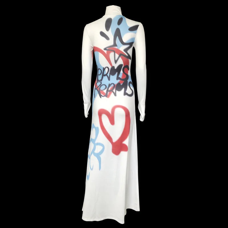 Women's Clothing 2025 New Fashion Fashionable High-neck Color-blocked Graffiti Long-sleeved Hip-hugging Close-fitting Long Dress