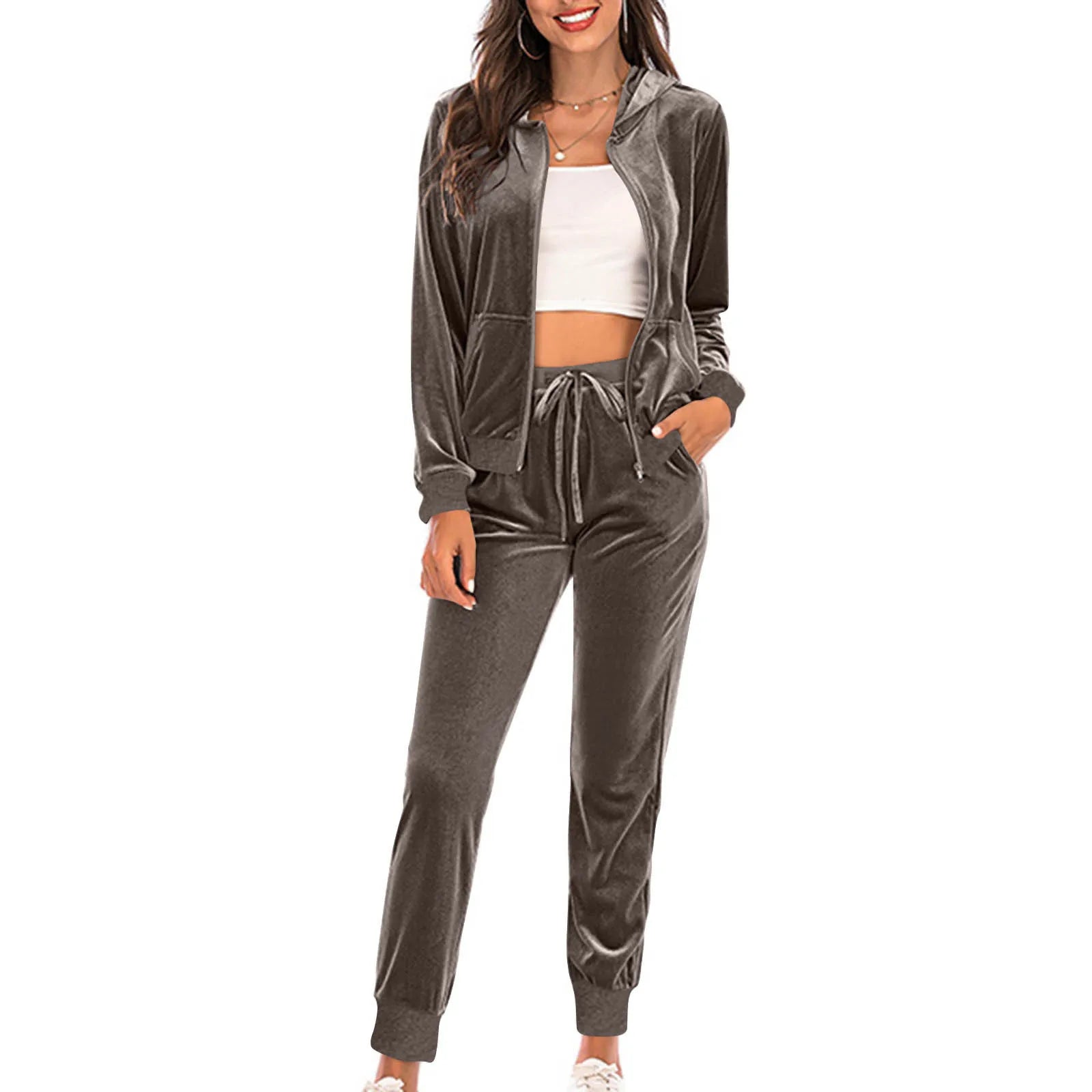 Two Pieces Women Pant Sets Solid Matching Sets Zipper Hooded Top Empire Drawstring Waist Pant Loose Casual 2025 Spring Autumn