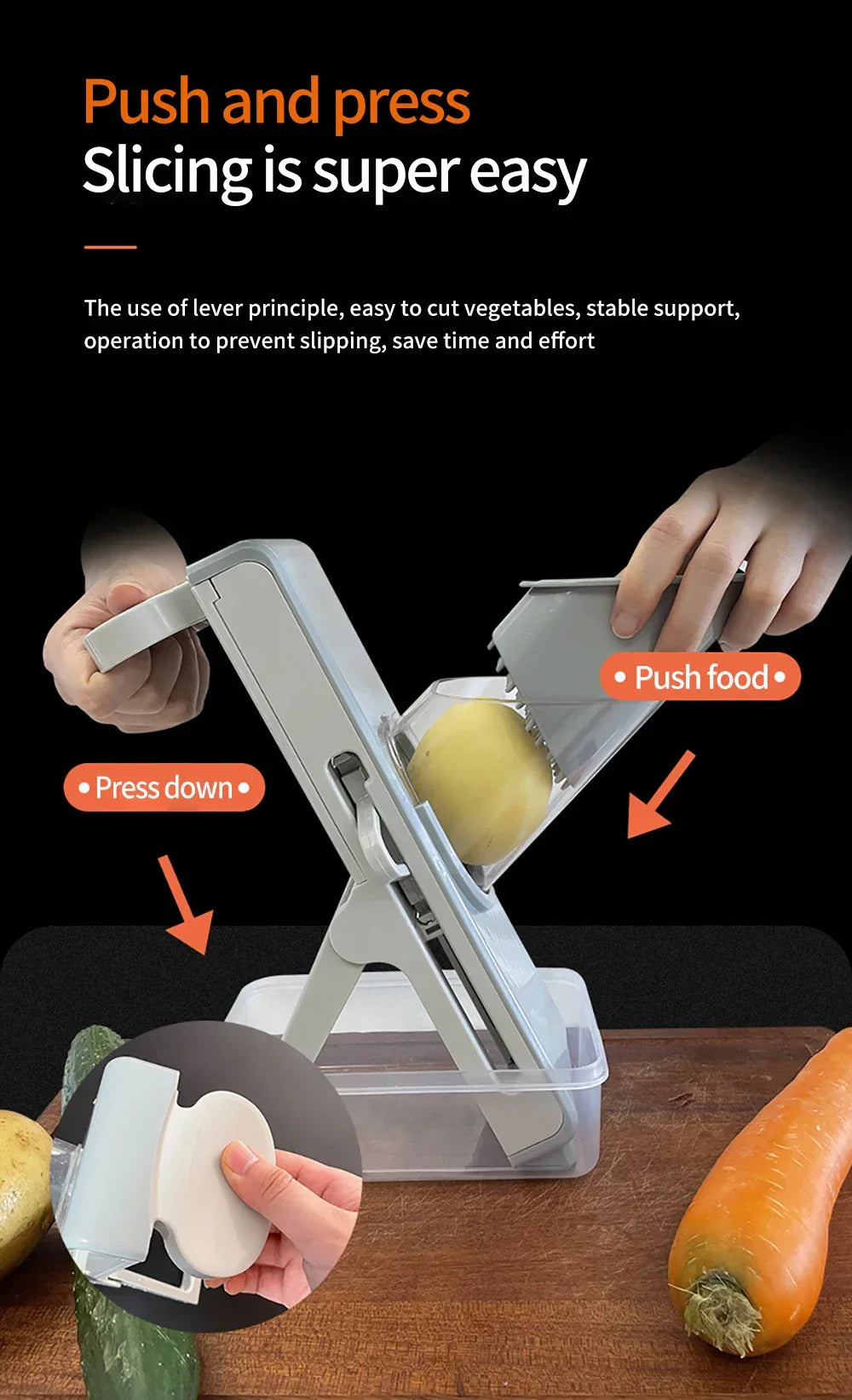 Hands using a vegetable slicer with lever action to cut a potato, carrot and cucumber nearby.